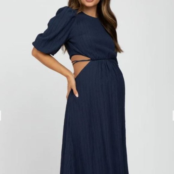 Pinkblush Dresses & Skirts - Navy Puff Sleeve Cutout Maternity Midi Dress